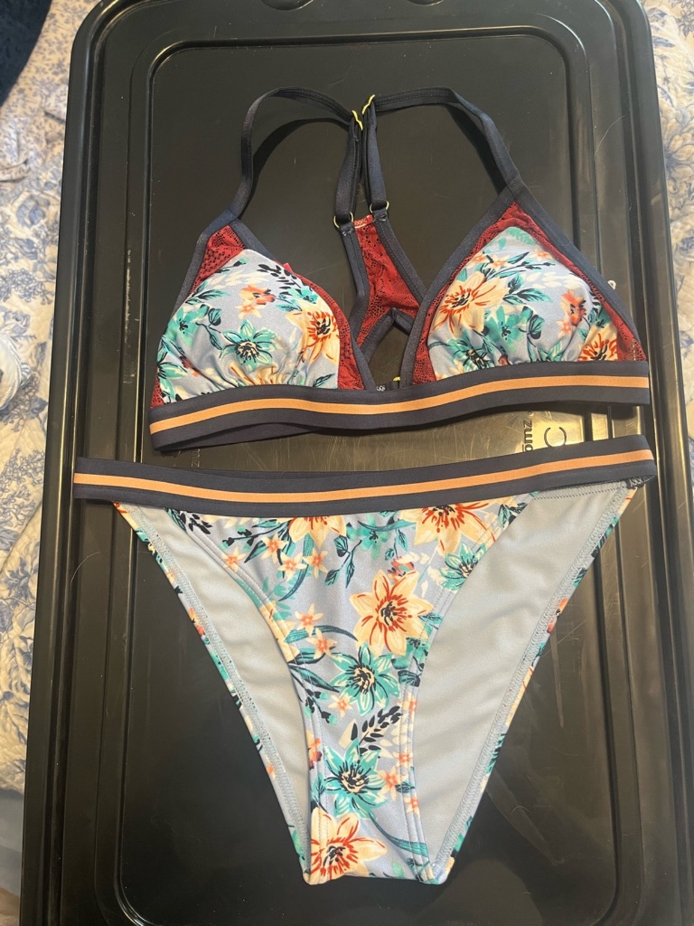 NWT Xhilaration Floral Triangle Bikini Set - Light Blue, Navy & Rust